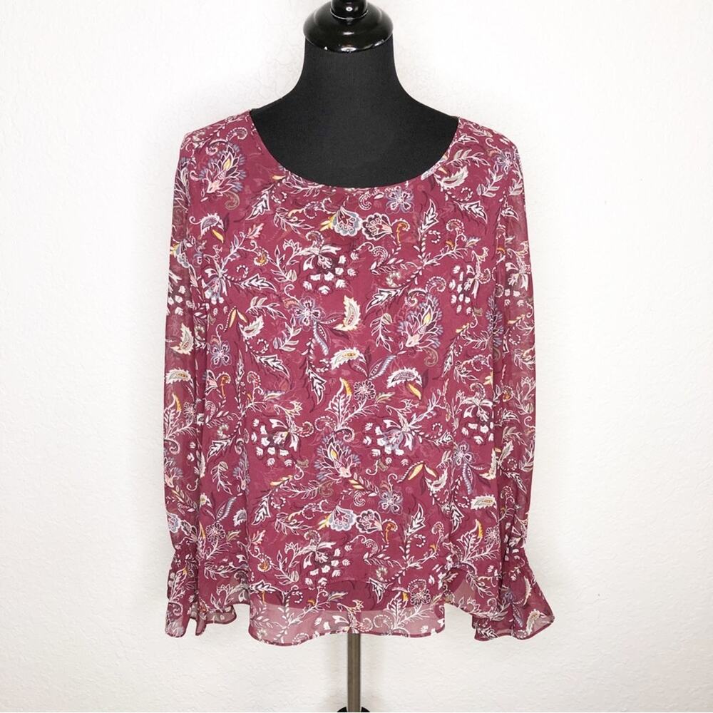 WHBM maroon floral sheer layered overlay top size 10